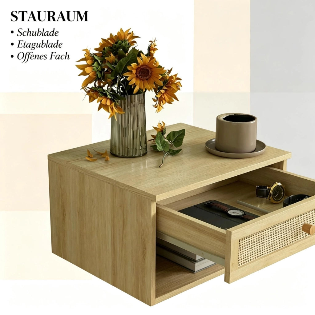 Set di 2 Comodini da Parete in Truciolato Naturale con Cassetto Estraibile e Ripiano Aperto, 40x34x23 cm