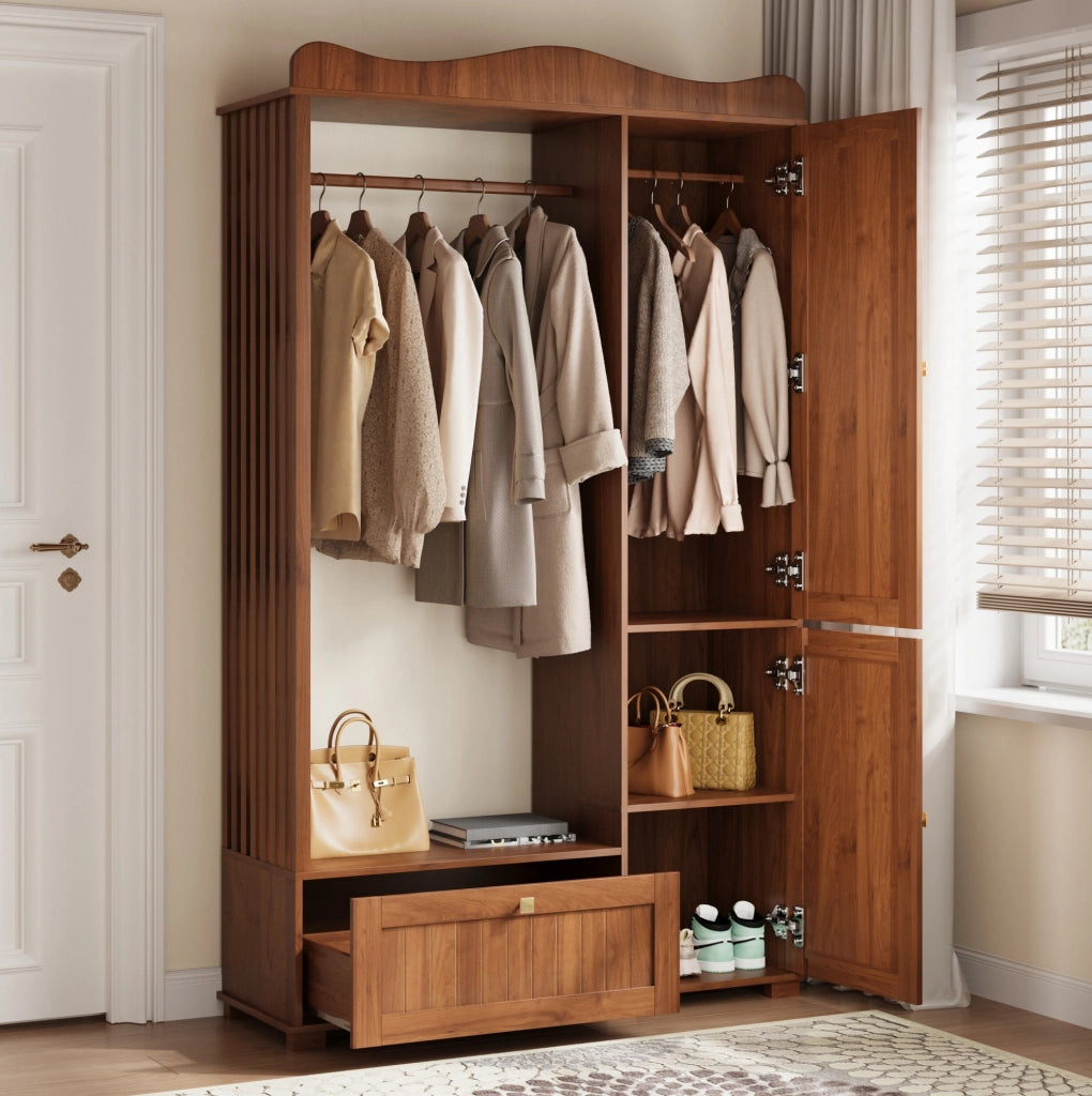 Garderobenschrank aus MDF in Nussbaum mit Ganzkörperspiegel und Offener Kleiderstange, 115,5x38,5x194,5 cm