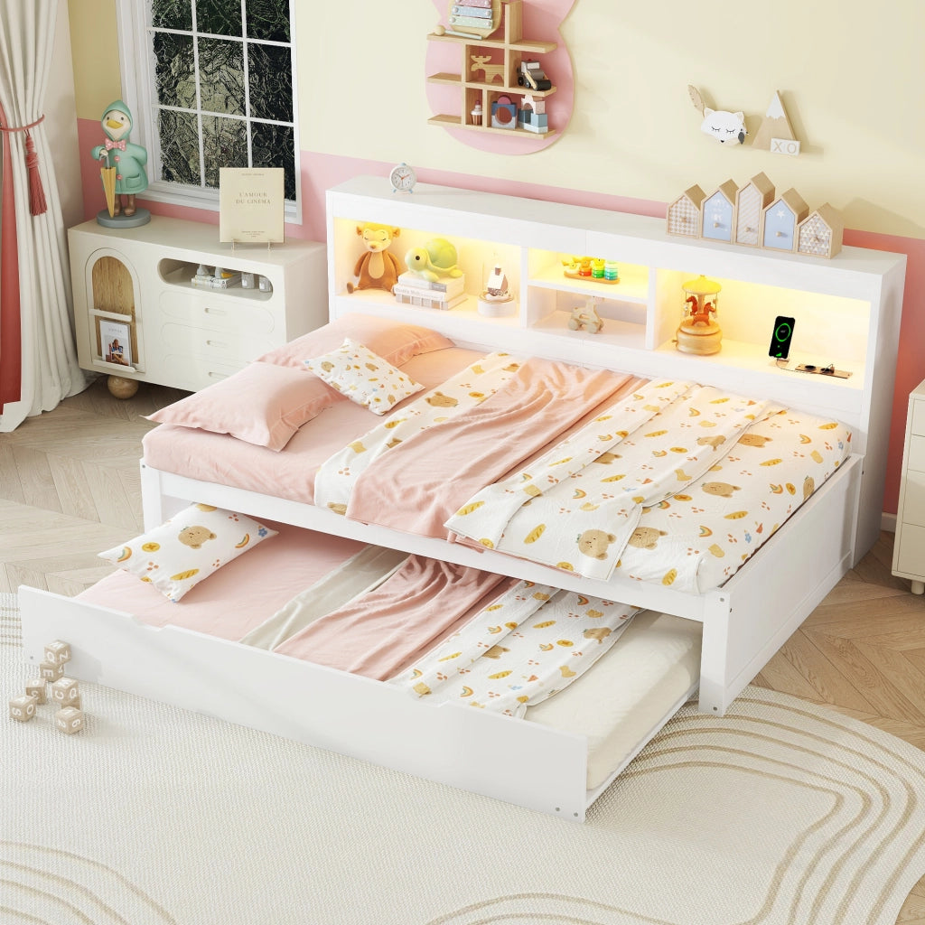 Letto singolo 90 × 200 cm con letto estraibile LED prese USB vano laterale in truciolato e MDF bianco