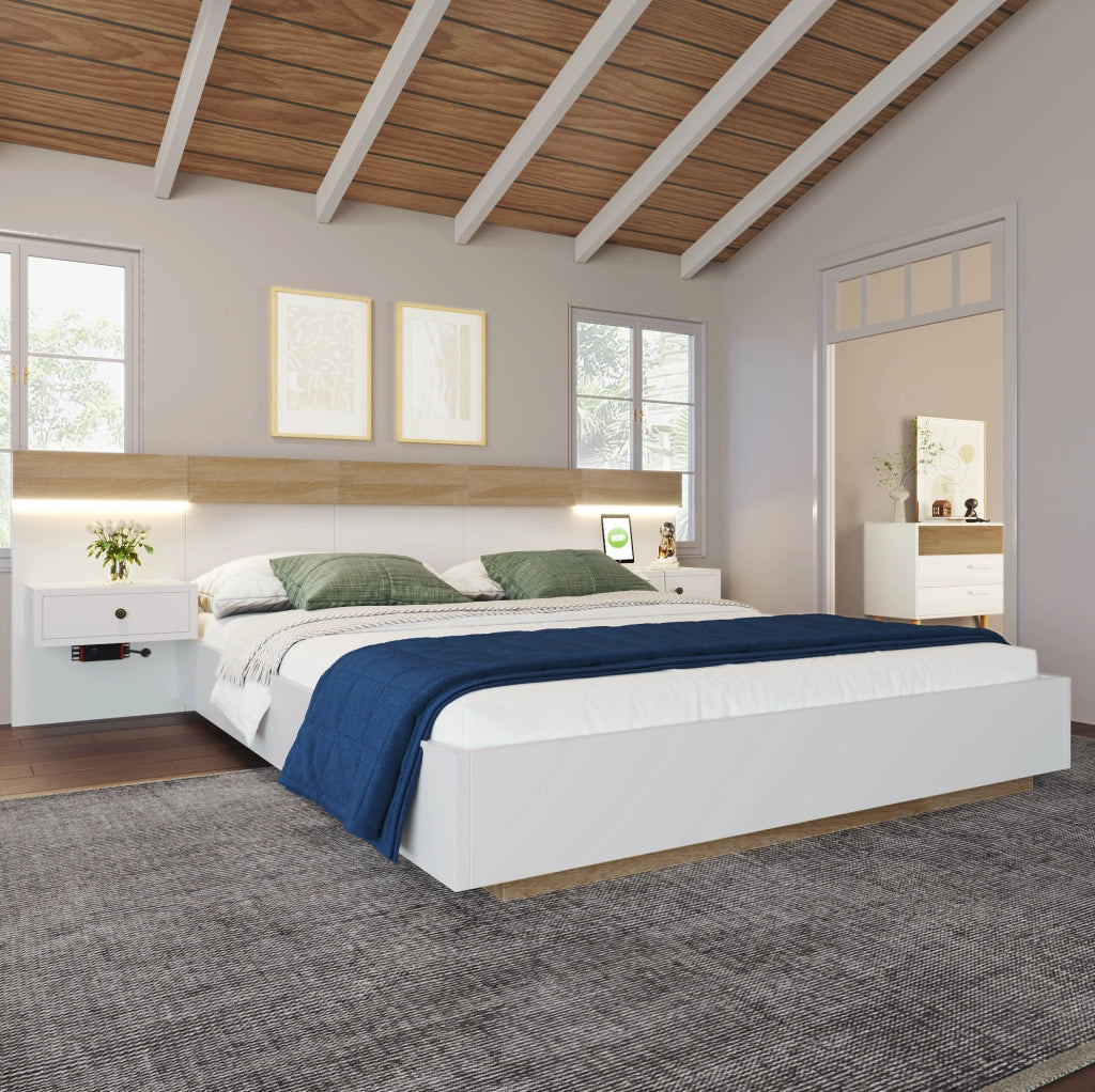 Letto matrimoniale 140 x 200 cm con 2 comodini LED e prese USB/USB-C