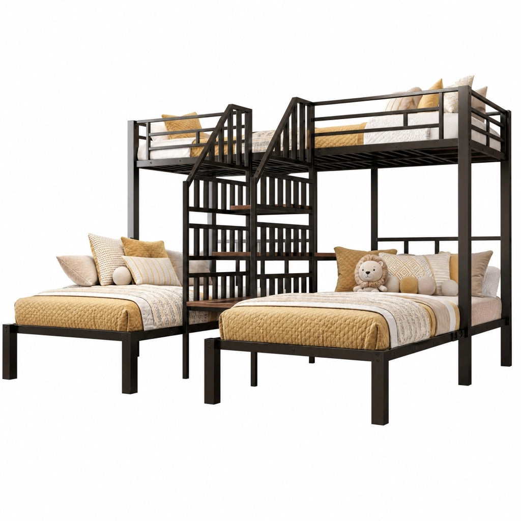 Letto a castello triplo 90 × 200 cm con scrivania, LED, prese USB e vani contenitore in metallo e MDF