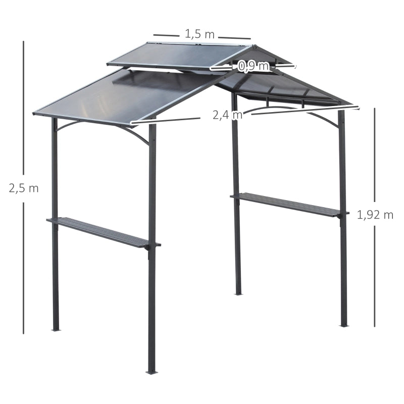 Gazebo per barbecue con tetto in PC resistente alla pioggia e ai raggi UV; due ripiani laterali; 240 × 150 × 250 cm