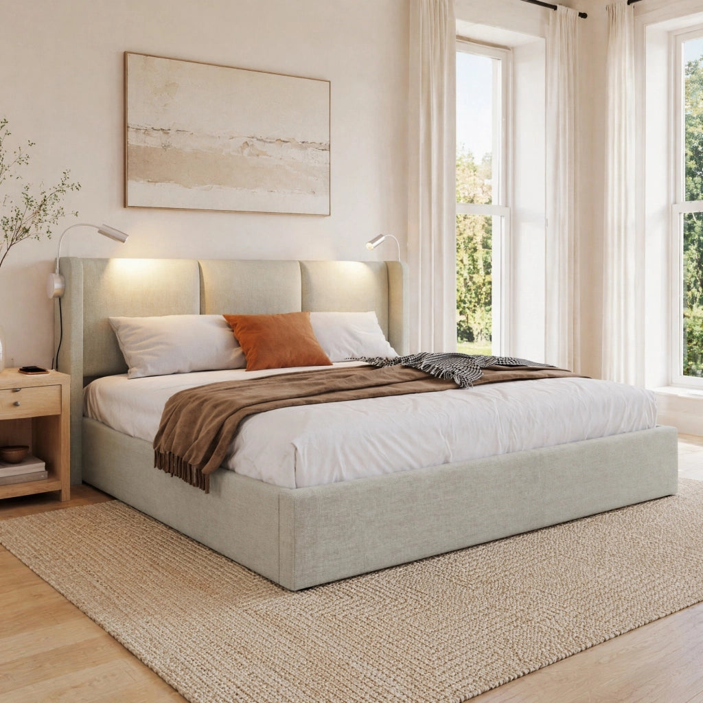 Letto imbottito 140x200 cm con contenitore, luce da lettura USB e rivestimento in lino beige