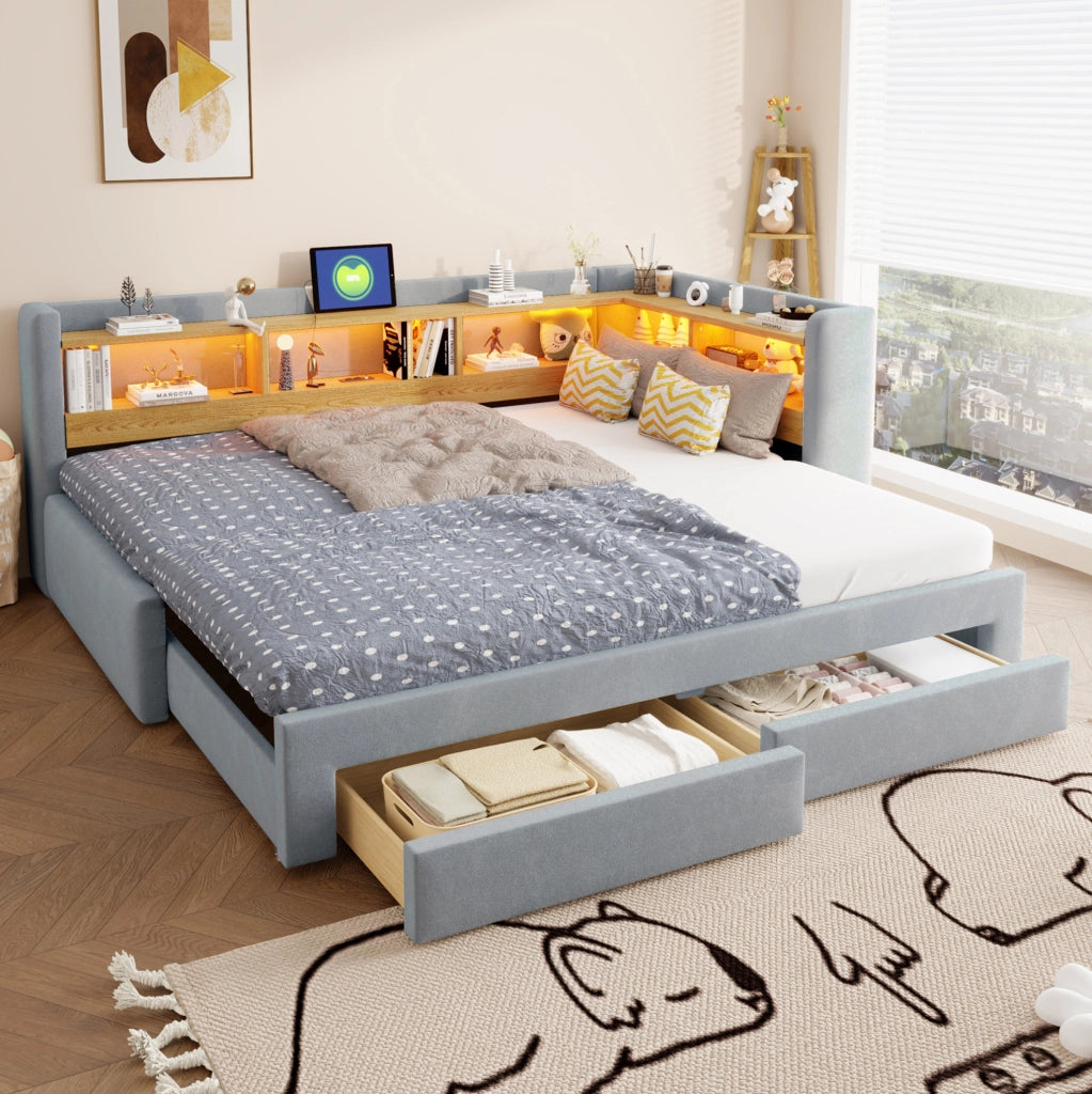 Divano letto 3 in 1 estraibile 90x200 cm; matrimoniale 180x200 cm; LED e cassetti; grigio