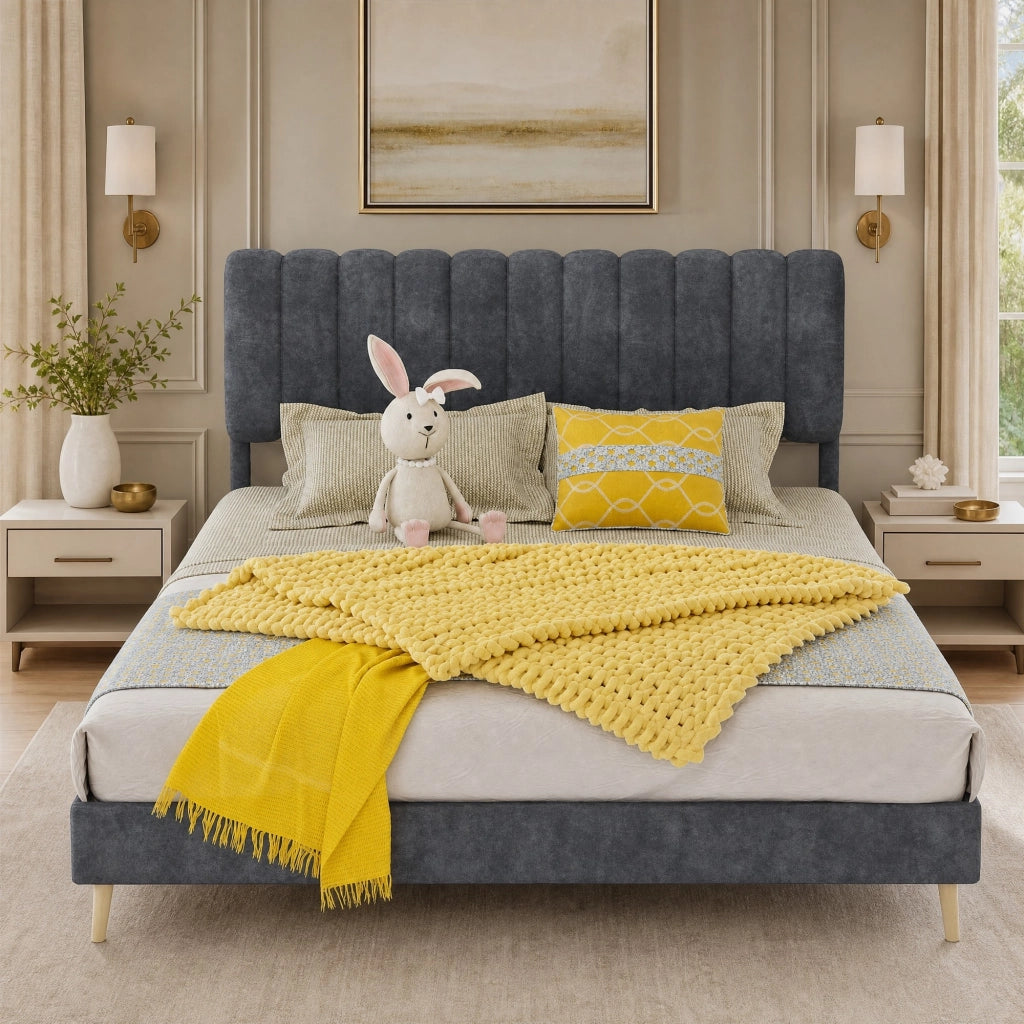 Letto matrimoniale imbottito 140x200 cm in velluto grigio con testiera morbida