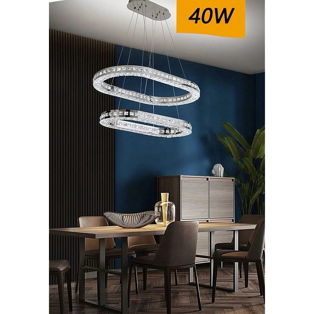 Trade Shop - Lampadario Moderno A Sospensione Led Luce Fredda 40w 2 Anelli Ovali Cristalli B49 -