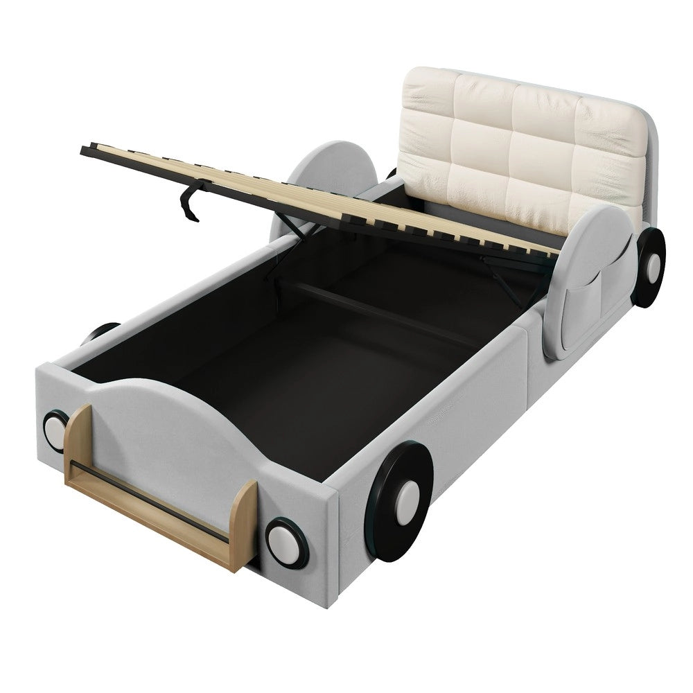 Letto imbottito contenitore 90x200 ¨C Minimal ¨C Velluto grigio idraulico con tasche laterali e vano libri
