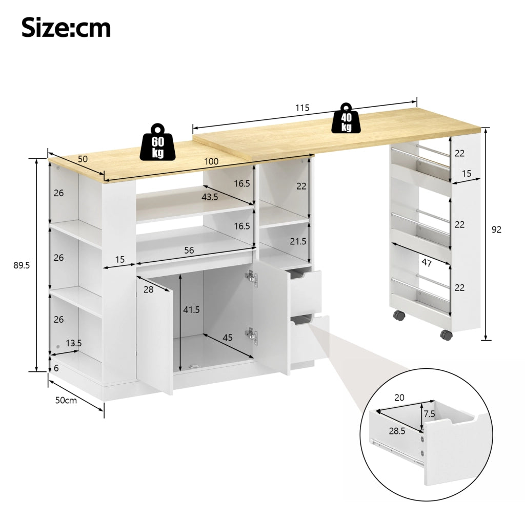 Isola cucina 115x50x92 cm con piano girevole estraibile; 2 cassetti e ripiani bianco/naturale HOMVRA