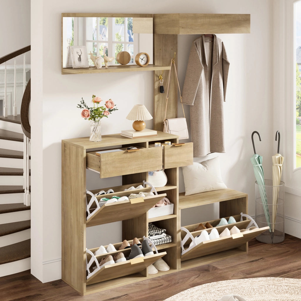 Set guardaroba 4 pezzi con scarpiera, panca, specchio e appendiabiti 130x30x174 cm, mobili per ingresso in truciolato naturale