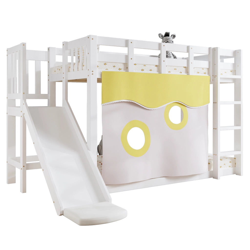 Letto a castello per bambini 90x200 cm con scivolo, scala, tenda e protezioni, bianco