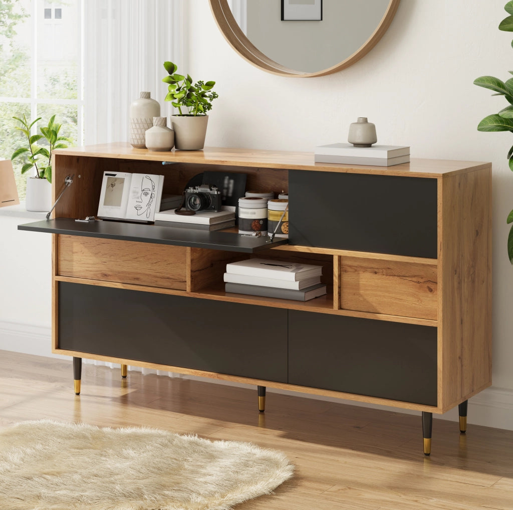 Sideboard bicolore con 2 cassetti; vano aperto e ante a ribalta; MDF e truciolare; nero e naturale