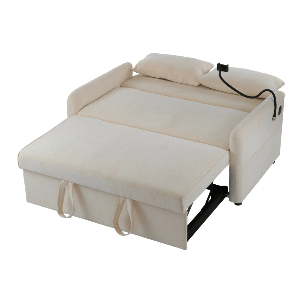 Divano letto 2 posti estraibile in ciniglia beige con USB; schienale regolabile e ruote