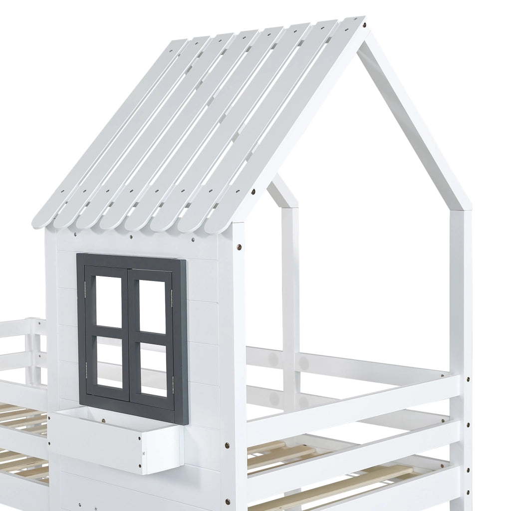 Letto a castello per bambini 90 × 200 cm, 2 posti, con finestre, scala con corrimano e barriere, senza materasso, bianco