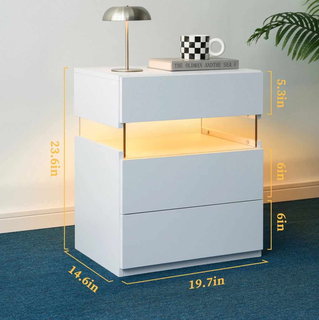 Comodino con 3 cassetti LED con pannello acrilico bianco per camera da letto e soggiorno