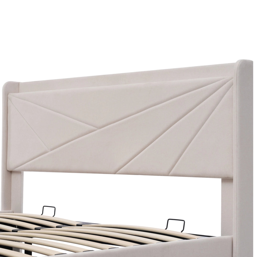 Letto matrimoniale con contenitore 160x200 cm con pannello imbottito, funzione di ricarica USB Tipo C e rete a doghe, struttura in lino senza materasso