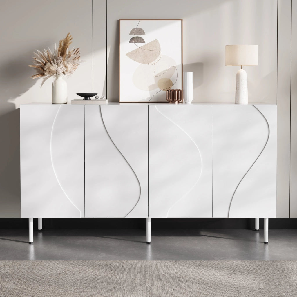 Credenza bianca con ante curve 3D 140 cm senza maniglie MDF e pannello truciolare