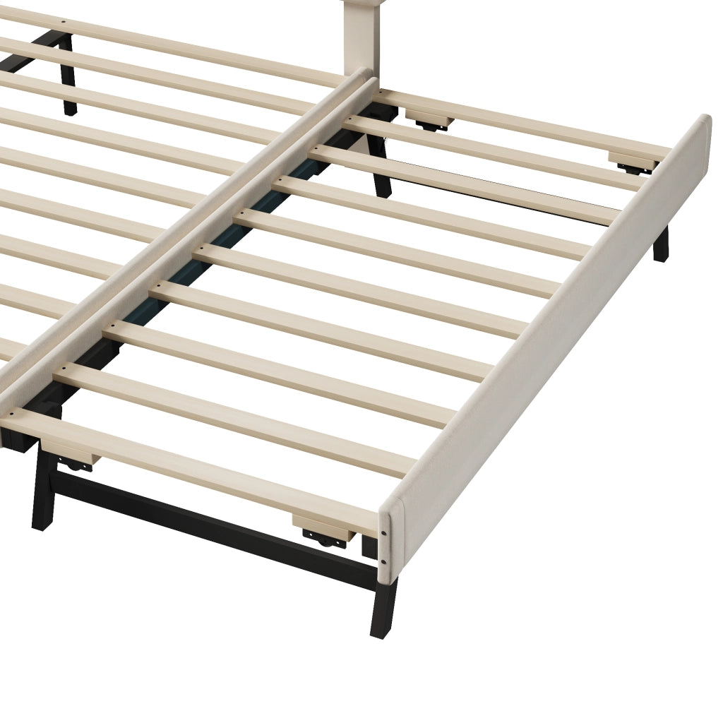 Letto imbottito 140x200 cm con rete e letto estraibile in velluto beige e MDF