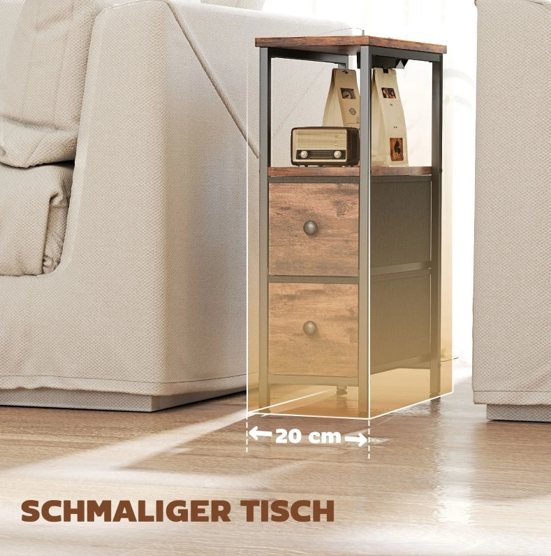 Tavolino 40x20x63 cm in legno e acciaio, marrone rustico, con ricarica