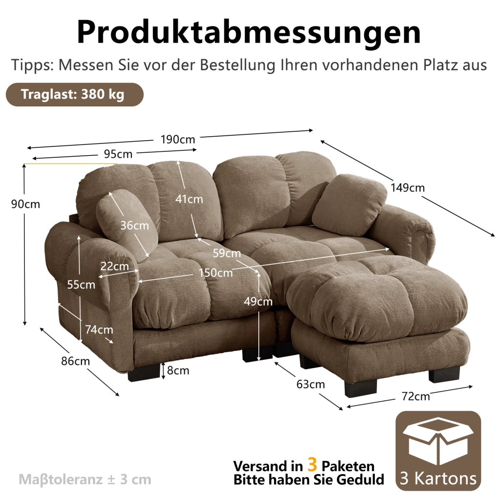 Divano angolare modulare a 2 posti in chenille marrone con pouf mobile, 190x149x90 cm