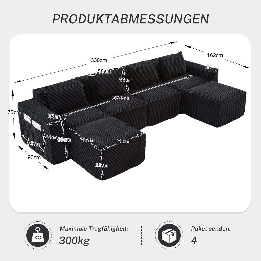 Divano modulare 4 posti con 2 pouf; portabevande e tasche in velluto a coste nero