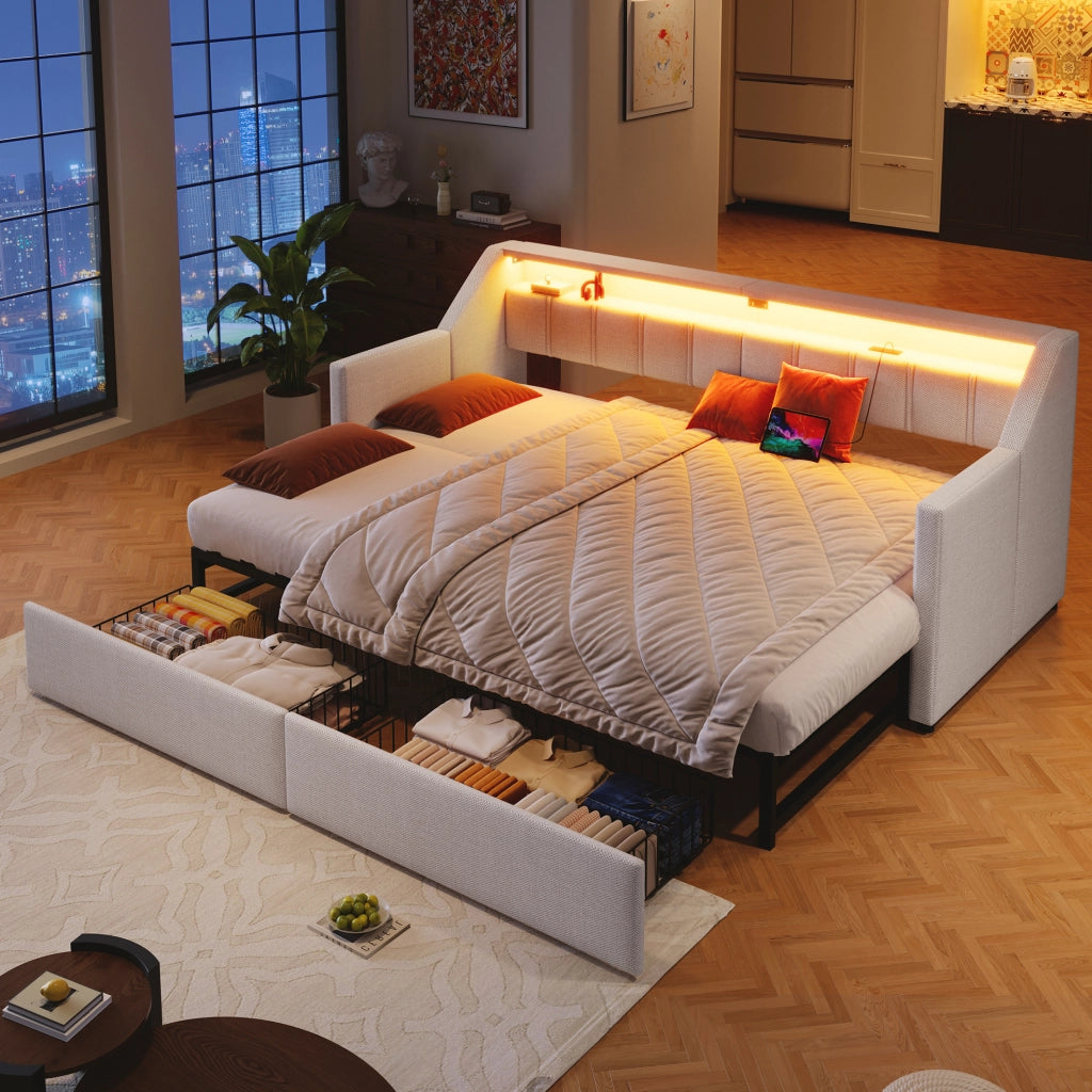 LETTO Estraibile 90x200 cm Beige in lino e MDF con USB e Type-C