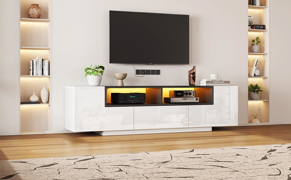 Mobile TV 180x40x48 cm, bianco lucido e nero, con LED, cassetti e design a L. Per TV fino a 75 pollici.