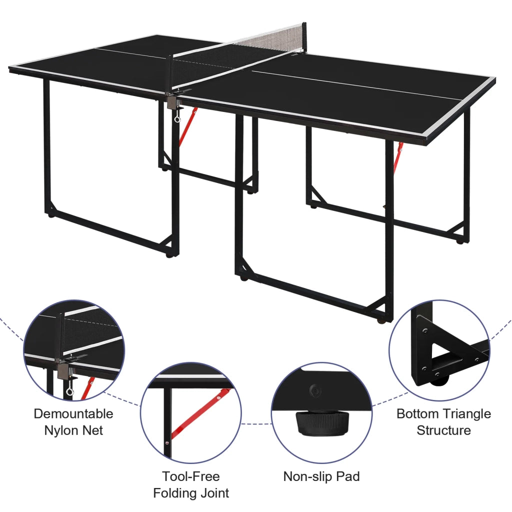 Tavolo da Ping Pong 182 cm, pieghevole e portatile per interni ed esterni. Set con rete, 2 racchette e 3 palline. Piano nero, gambe nere.