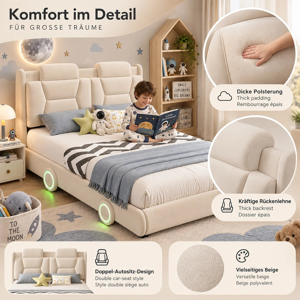 Letto imbottito per bambini 140x200 cm, colore crema, design auto in flanella, testiera regolabile in altezza su 2 livelli, schienale imbottito, ruote con striscia luminosa