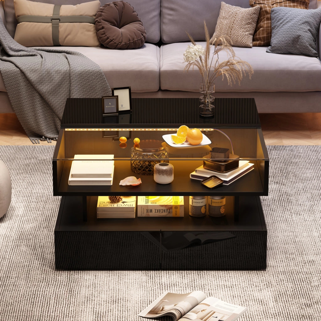 TAVOLINO da caffè 80x80x45 cm nero con LED e 2 cassetti