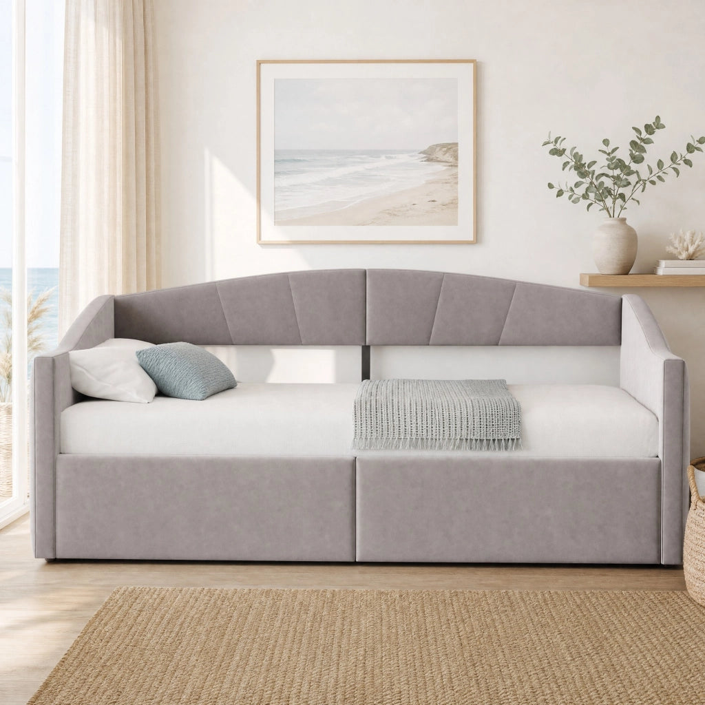Letto singolo imbottito trasformabile con vano contenitore rete a doghe e braccioli in velluto grigio chiaro
