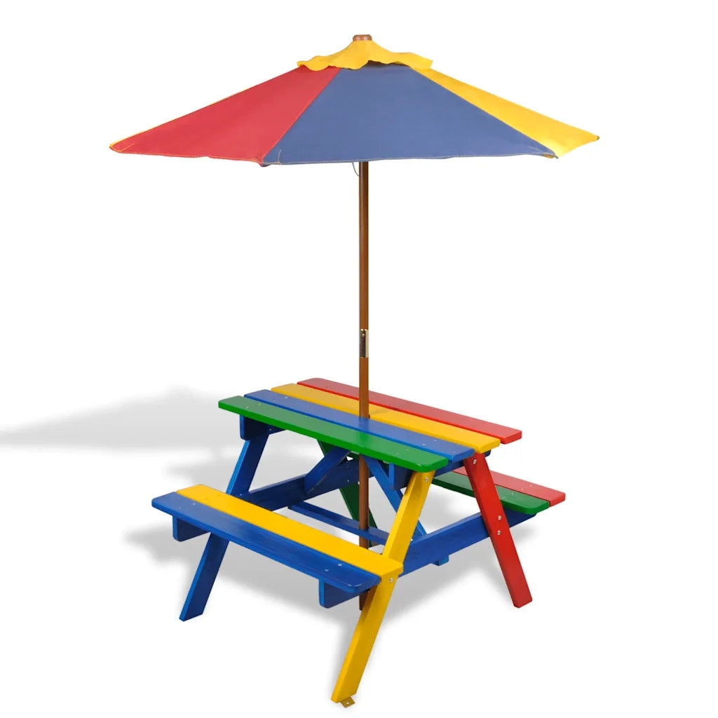 Tavolo e Panchine per Bambini con Parasole Legno Multicolore 40773