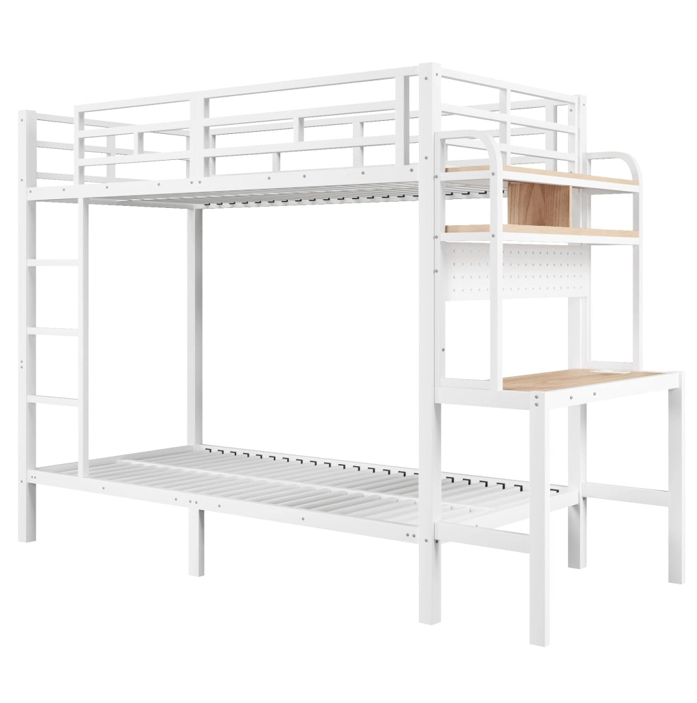Letto a castello 90x200 cm con scrivania, LED e USB in metallo e MDF bianco