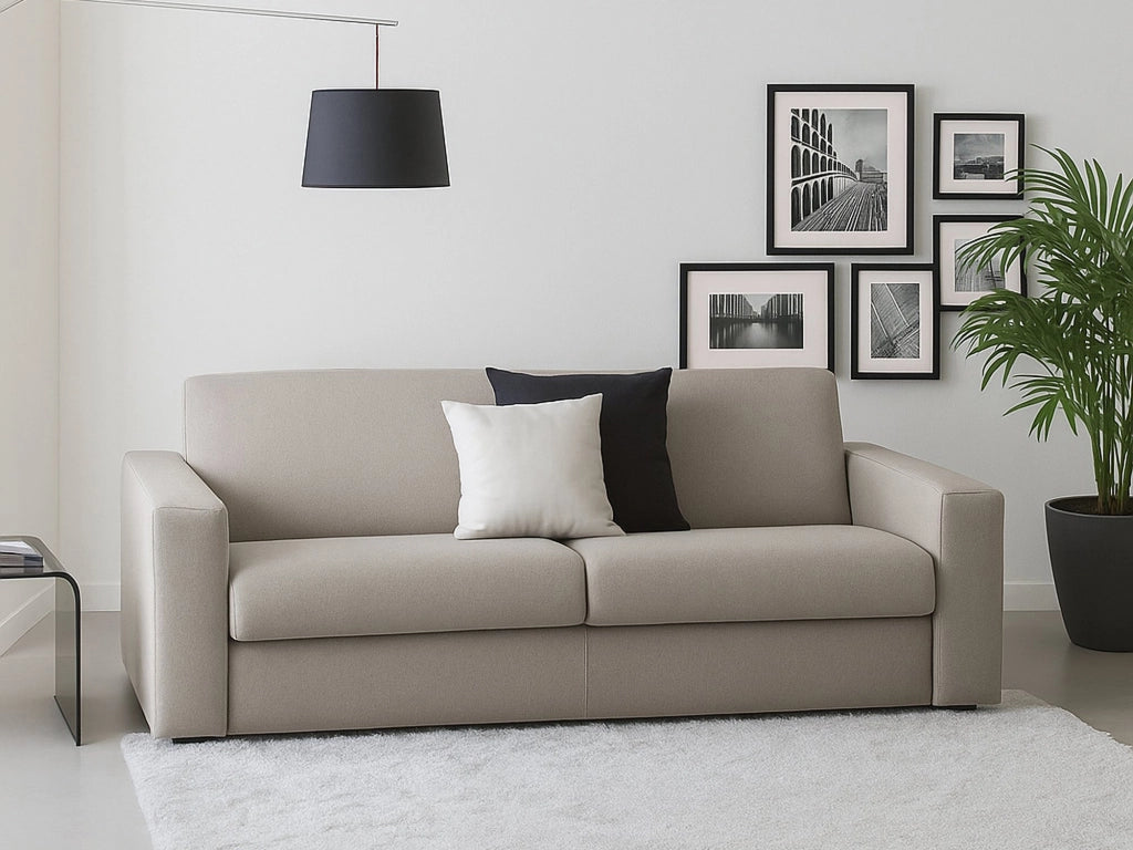 Divano fisso Azier, Divano a 2 posti Large, Made in Italy, Sofà\  Soggiorno in tessuto imbottito, con Braccioli standard, cm 200x95h90, Tortora