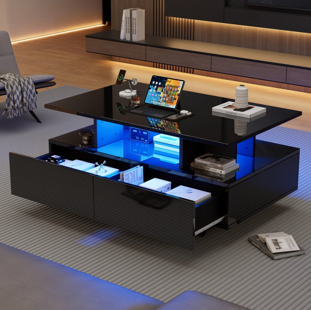 Tavolino da caffè moderno lucido con LED e 2 cassetti 90x55x41 cm; nero