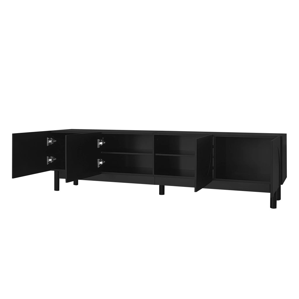 Mobile porta televisore nero a quattro ante con ripiani e gambe stabilizzanti, 169 x 34 x 45,5 cm