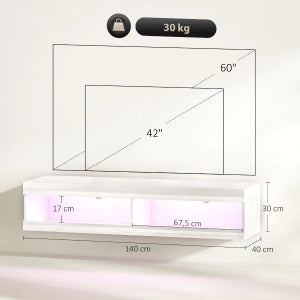 TV Lowboard sospeso con illuminazione LED RGB a 16 colori, finitura bianco lucido, 140 x 40 x 30 cm