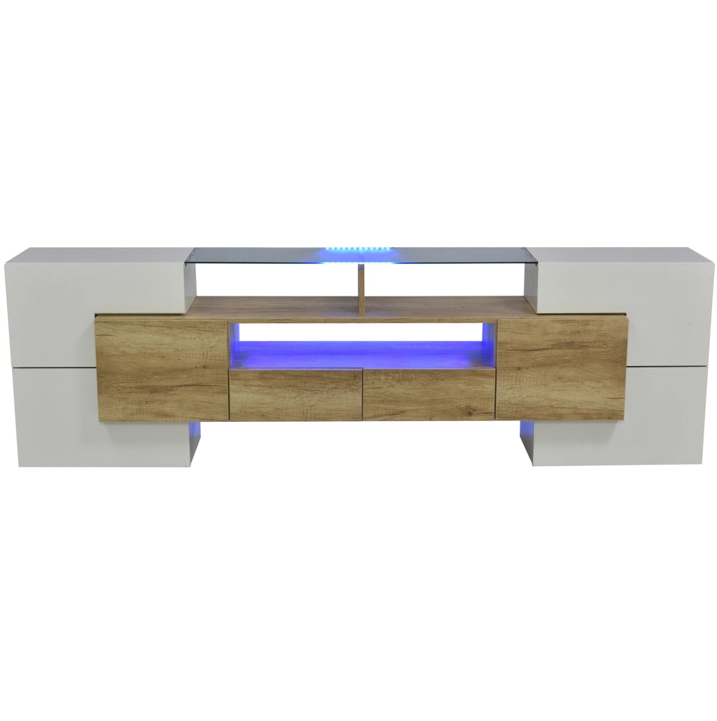 Mobile TV 200 cm con LED multicolore in MDF e truciolare bianco lucido e color legno
