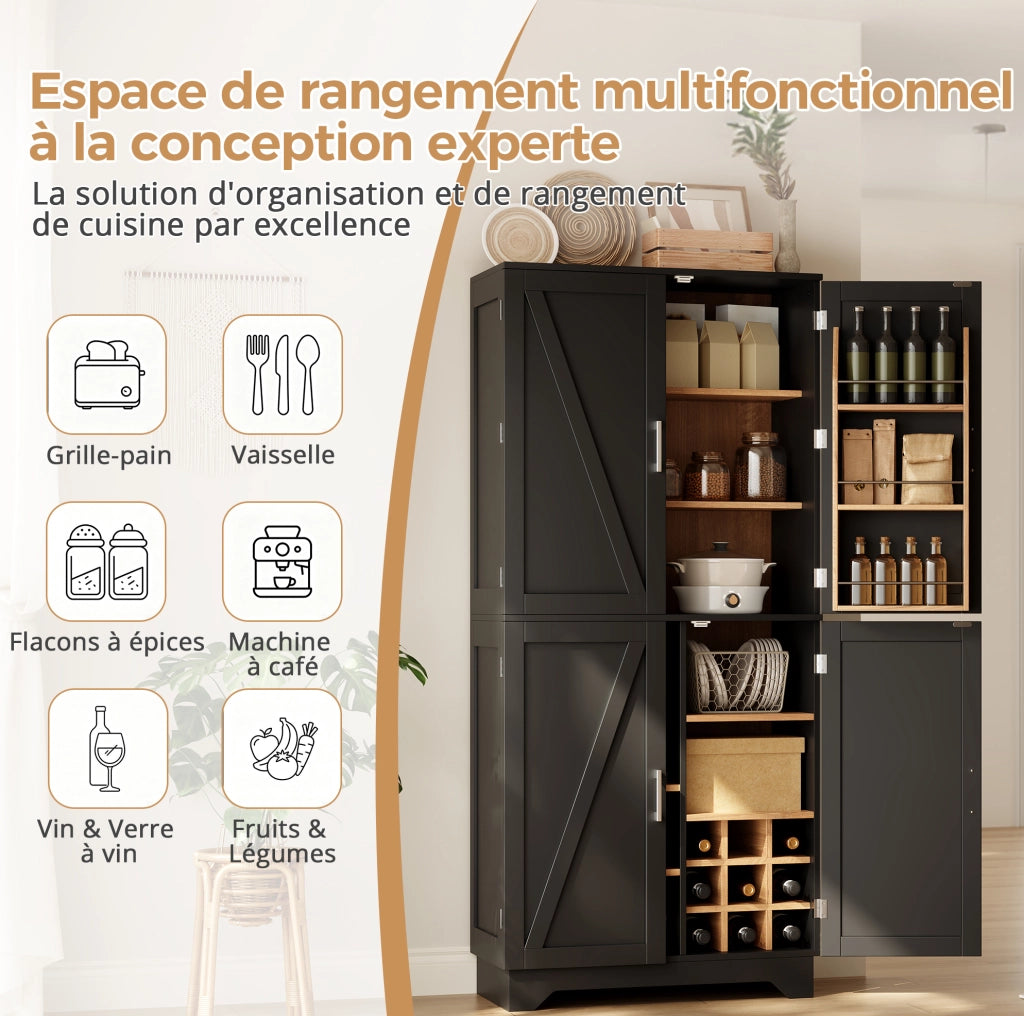 Armadio da cucina 80x40x180 cm con 4 ante; portabottiglie e ripiani in MDF nero naturale