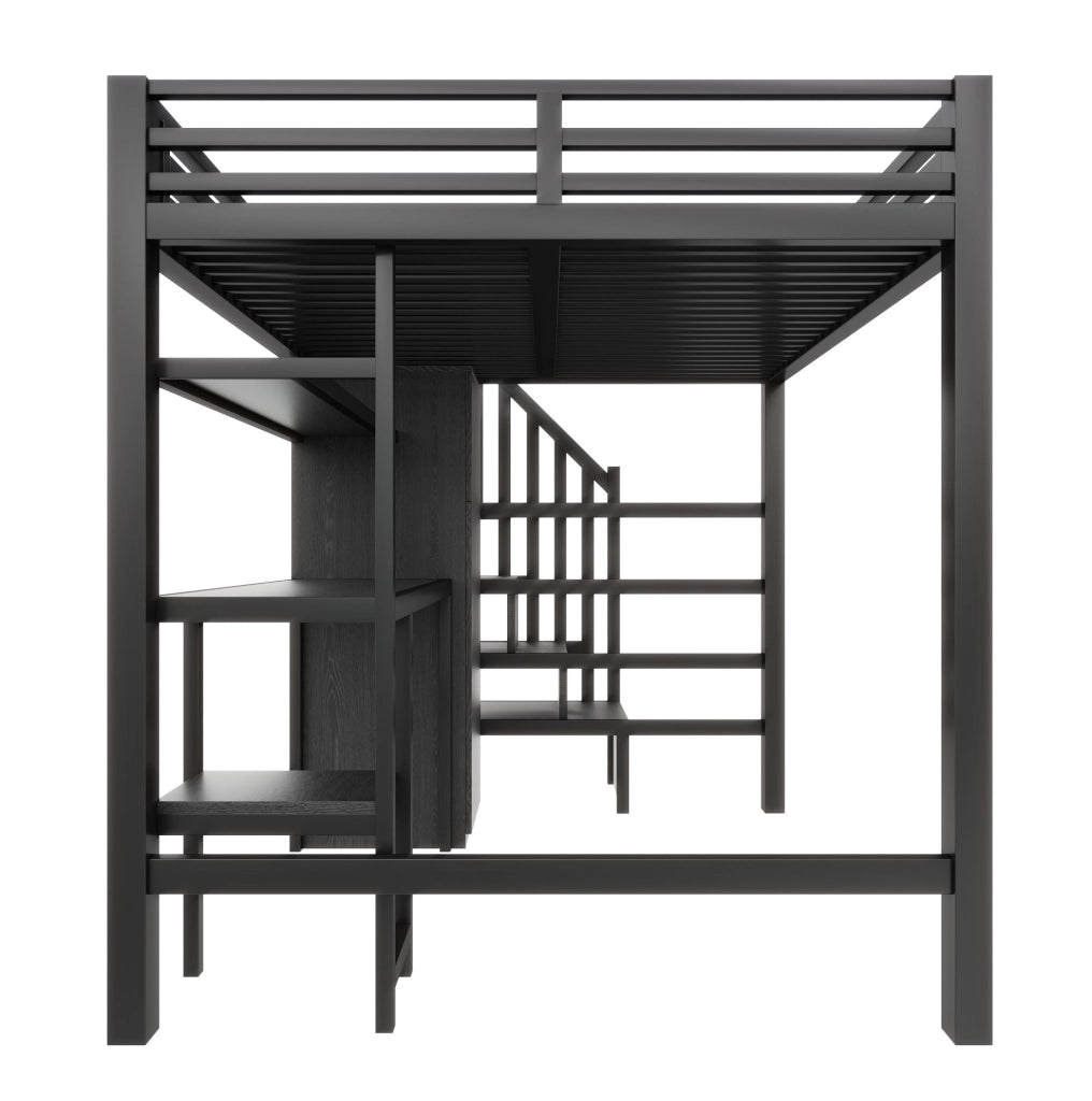 Letto a soppalco 140x200 cm in metallo nero con scrivania, armadio e LED