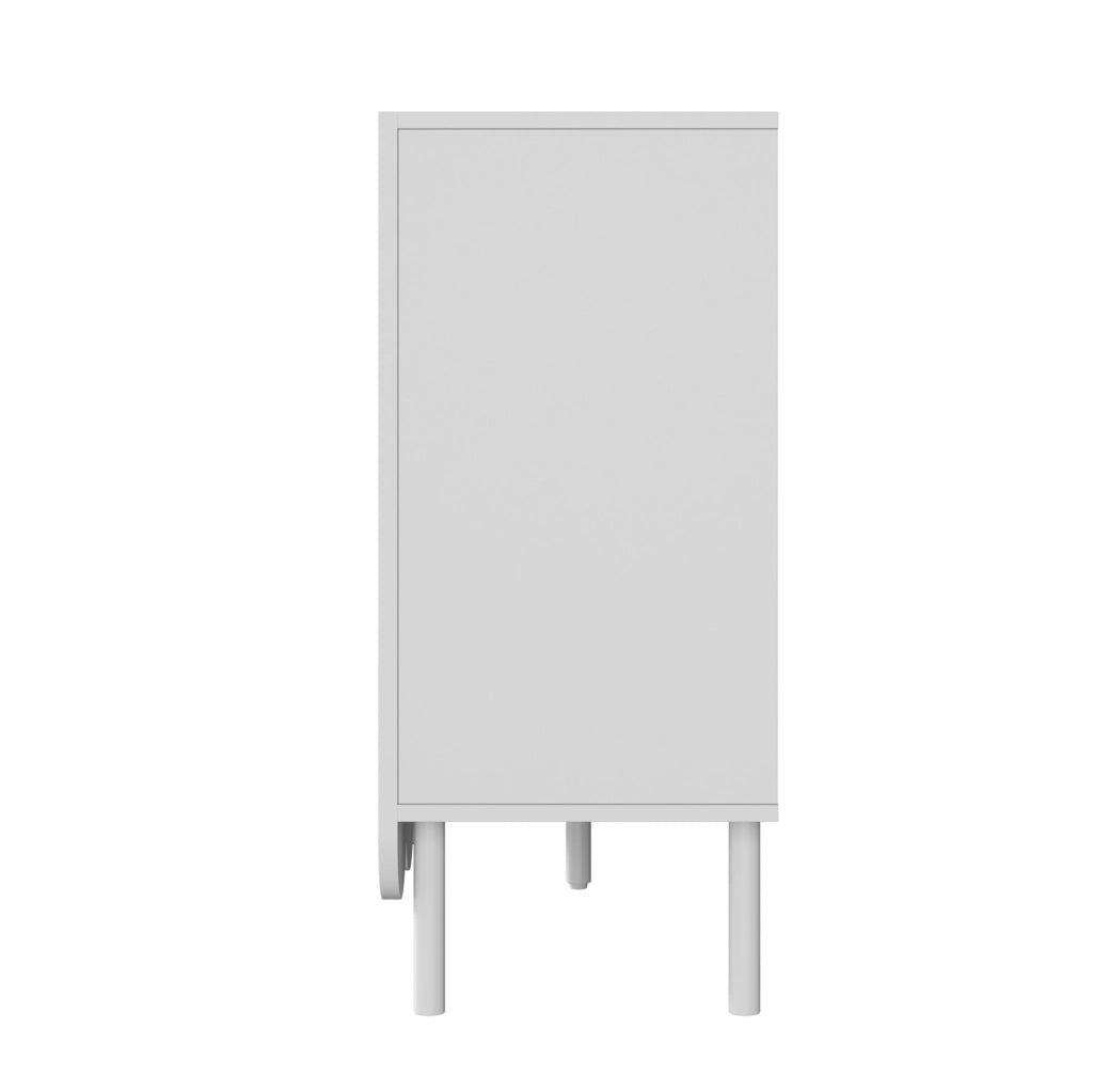 Madia bianca in MDF con ante ondulate; ripiani regolabili e apertura a pressione; 120 x 35 x 80 cm
