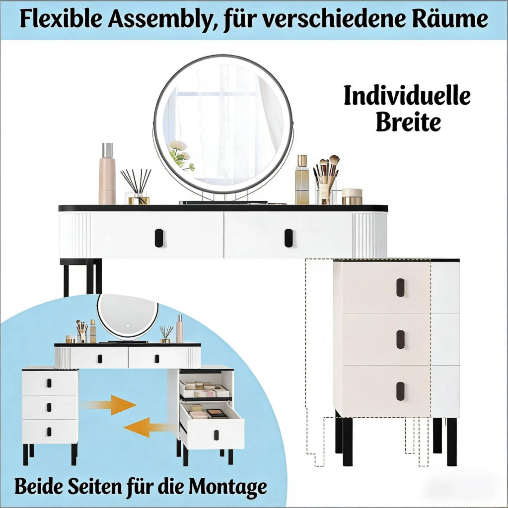 Toeletta ULEVR 125x40x100 cm con specchio LED dimmerabile, 5 cassetti e sgabello in velluto, bianco e nero