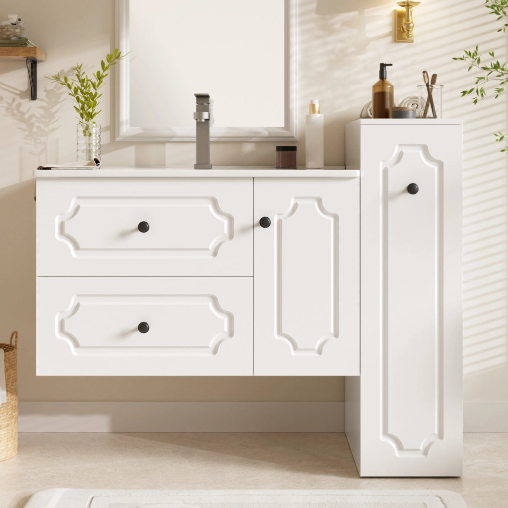 Set mobili bagno moderno 107 cm con lavabo in ceramica, 2 cassetti, mobile sottolavabo e colonna integrata bianco