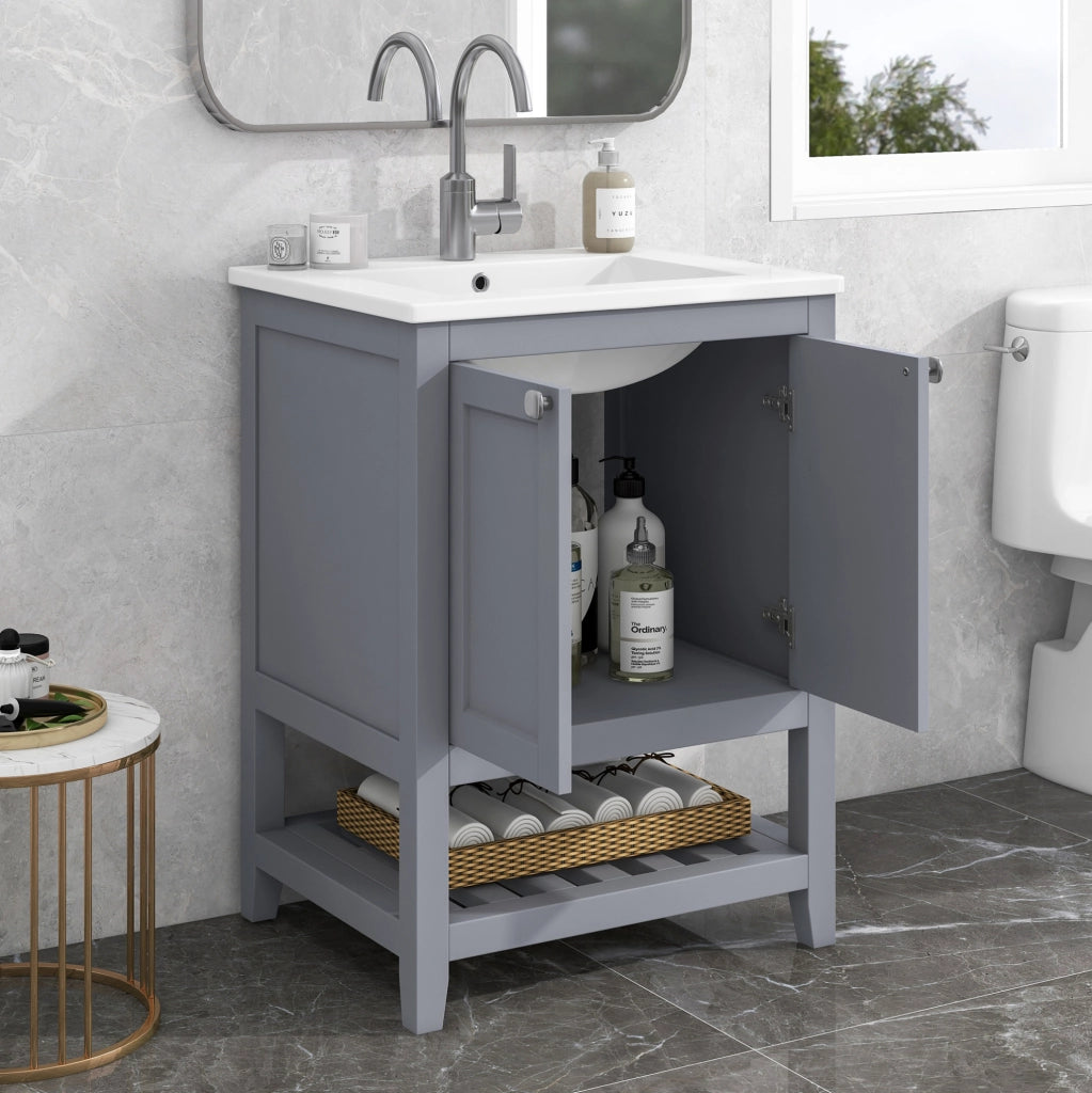 Mobile bagno con lavabo in ceramica e base contenitore 60 cm, grigio chiaro