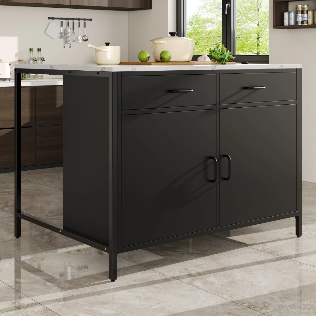 Stehtisch nero con piano effetto marmo, 100 x 90 x 90 cm, in MDF con gambe in ferro, con cassetti e vani regolabili