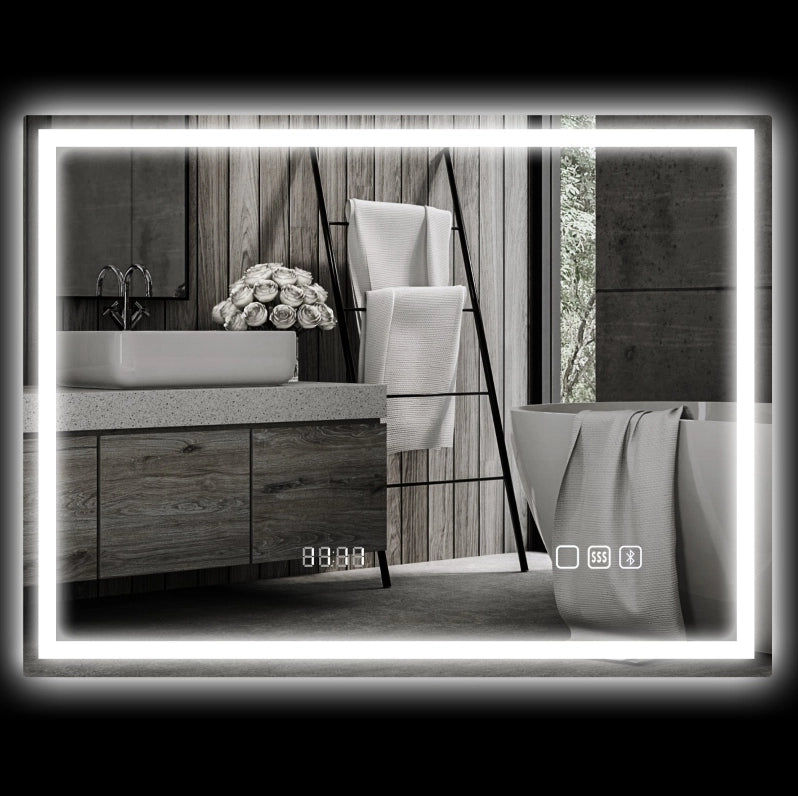 Specchio da bagno LED 80x60 cm con Bluetooth, orologio, 3 modalità di luce e funzione antiappannamento, argento