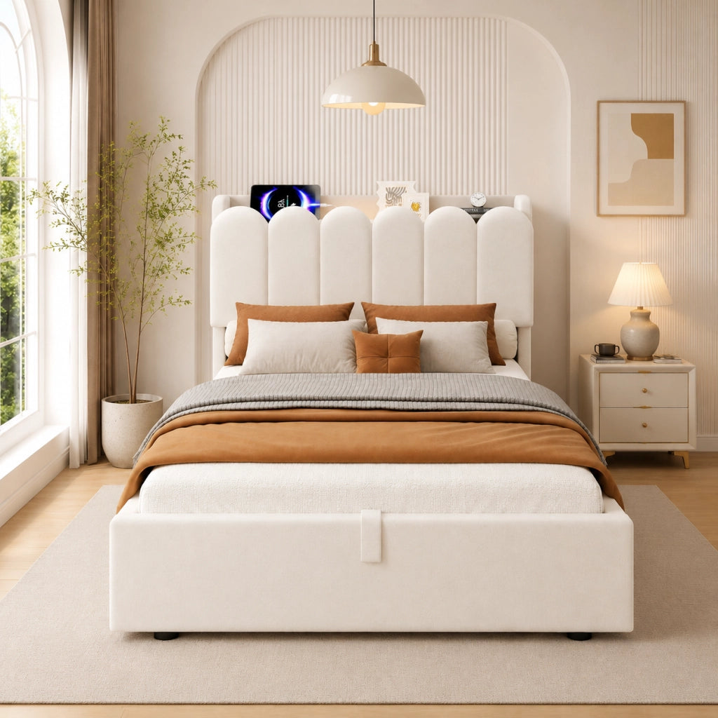 Letto contenitore per bambini con rete a doghe; testiera imbottita; LED; USB e Type-C; velluto; beige