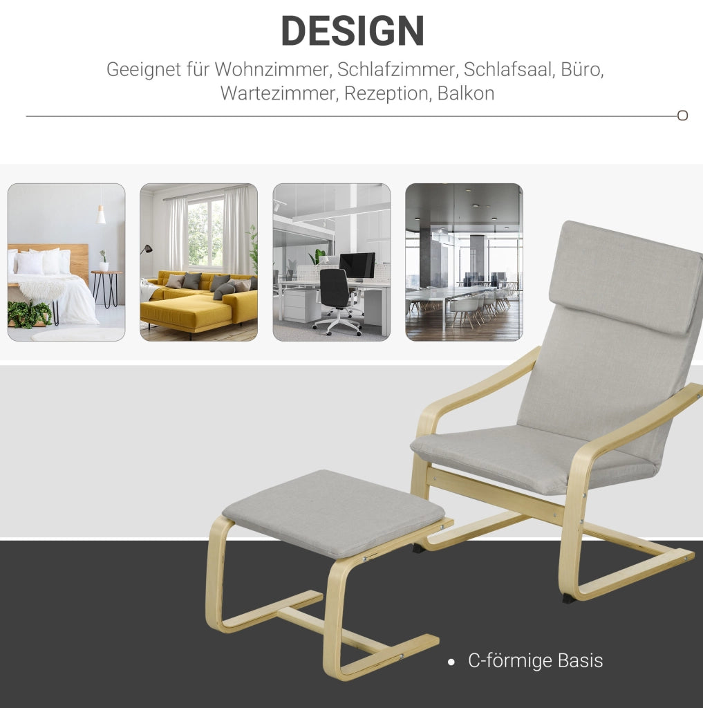Set di 2 Poltrone Lounge con Poggiapiedi, Braccioli e Poggiatesta in Tessuto Lino, Struttura in Eucalipto, Grigio Chiaro 66,5x80x99 cm