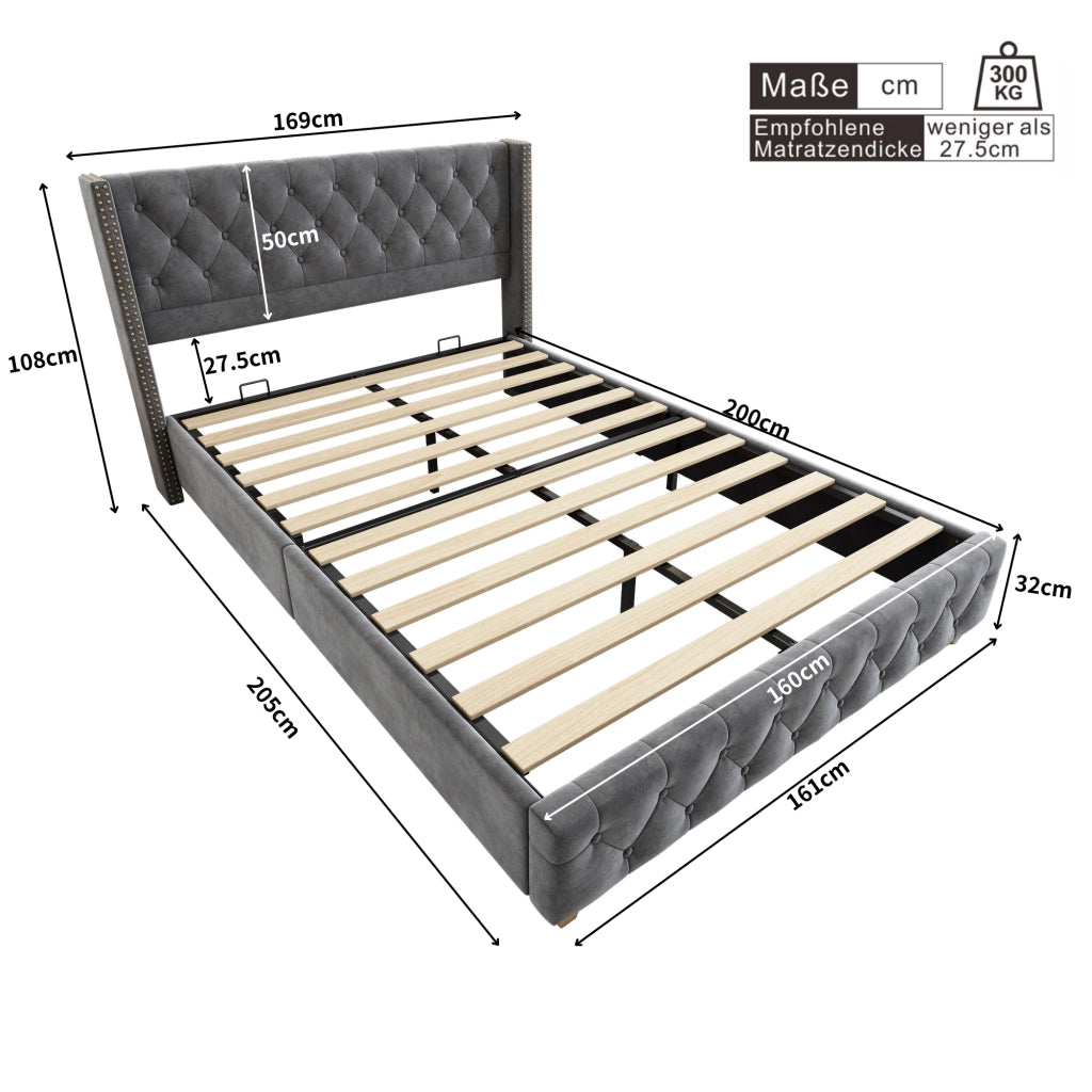 Letto imbottito 160 ¡Á 200 cm con rete a doghe e testiera capitonn¨¦ in lino beige con gambe in legno