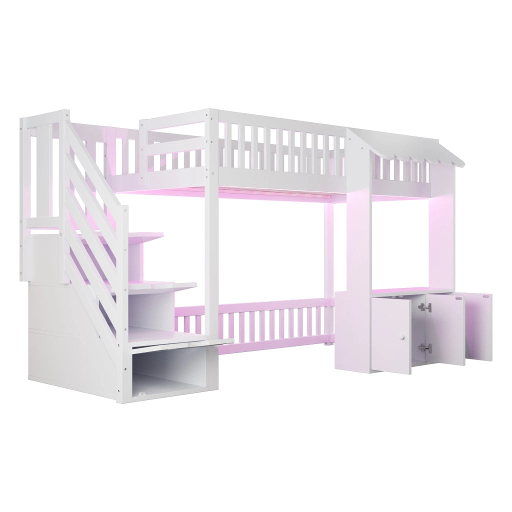 Letto soppalcato in legno 90x200 cm con scala contenitore; LED multicolore; bianco e rosa