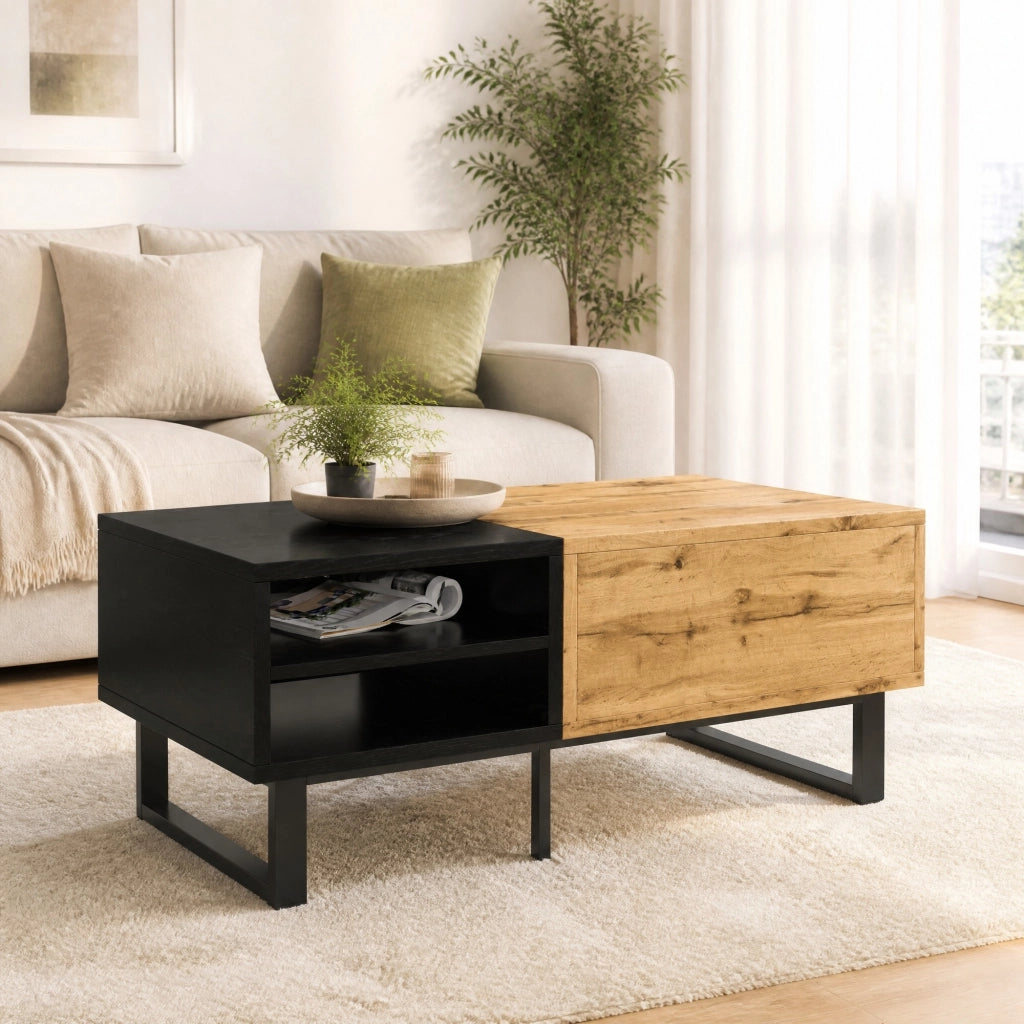 Tavolino da caffè con 3 vani aperti e cassetto 100x50x40 cm; truciolare effetto legno e nero